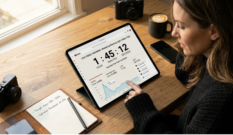 A creator looking at a real-time YouTube analytics clock, tracking the first 48 hours of a video upload.